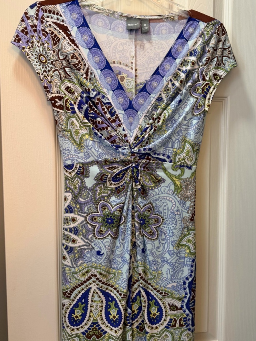 Muse Paisley Twist-Front V-Neck Dress in Blue, Green and Brown